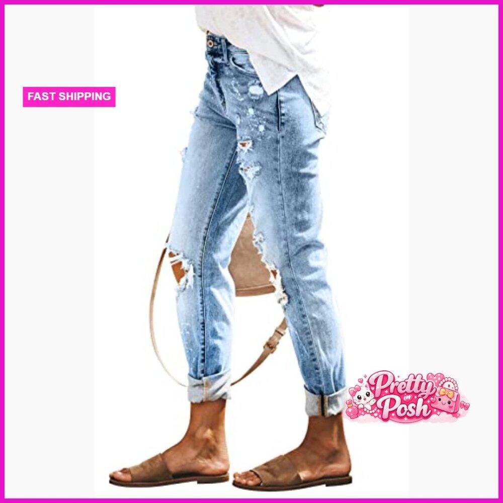 Ripped Mid Waisted Boyfriend Jeans Loose Fit Distressed Stretchy Denim Pants - Picture 5 of 6